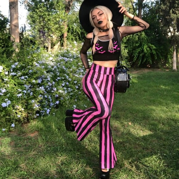 Too Fast ✦ Flare Pants XS ✦ Pink Black Striped High-Waisted 70s Punk Stretch NWT - Picture 5 of 11